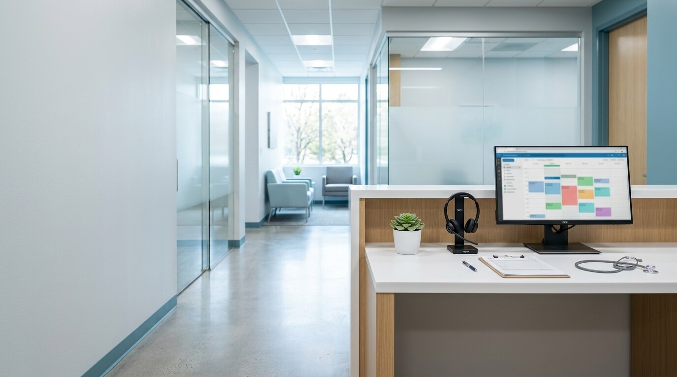 Medical clinic reception desk with a headset, clipboard and stethoscope, overlooking glass-partitioned offices